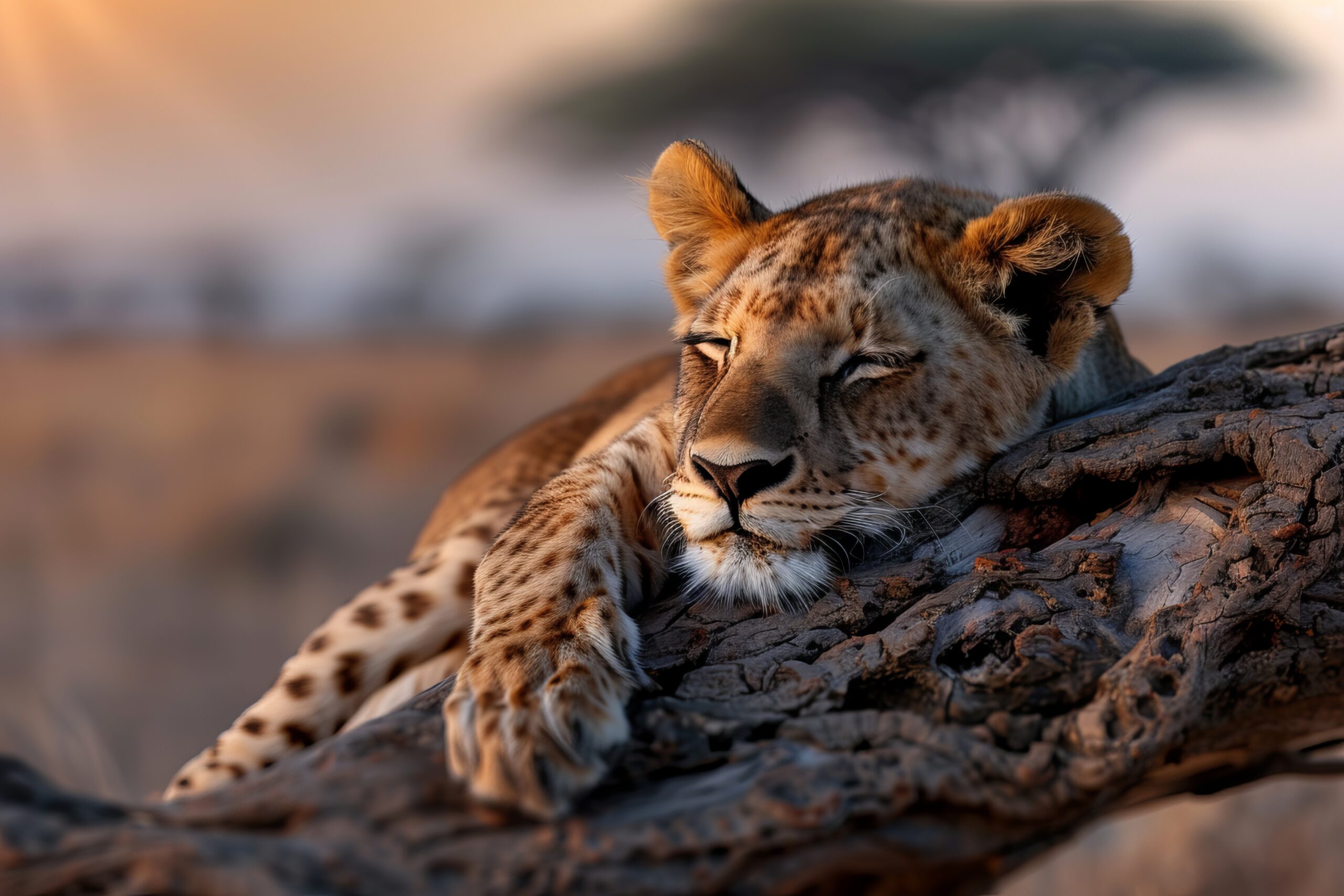 Fotografia real. Fotografia de naturaleza. En un entorno arido de la sabana africana un leon descansa sobre un arbol. --ar 3:2 --personalize exnatwy --stylize 1000 Job ID: 21646a19-cc26-440e-ad7b-9c66aeebcf10